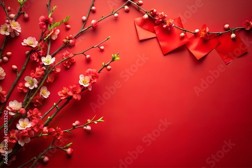 Chinese New Year greeting card decorated with plum blossoms and red flags on a red background photo