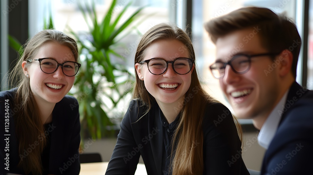 A group of business people smiling and laughing during an office meeting A group of business people smiling and laughing during an office meeting