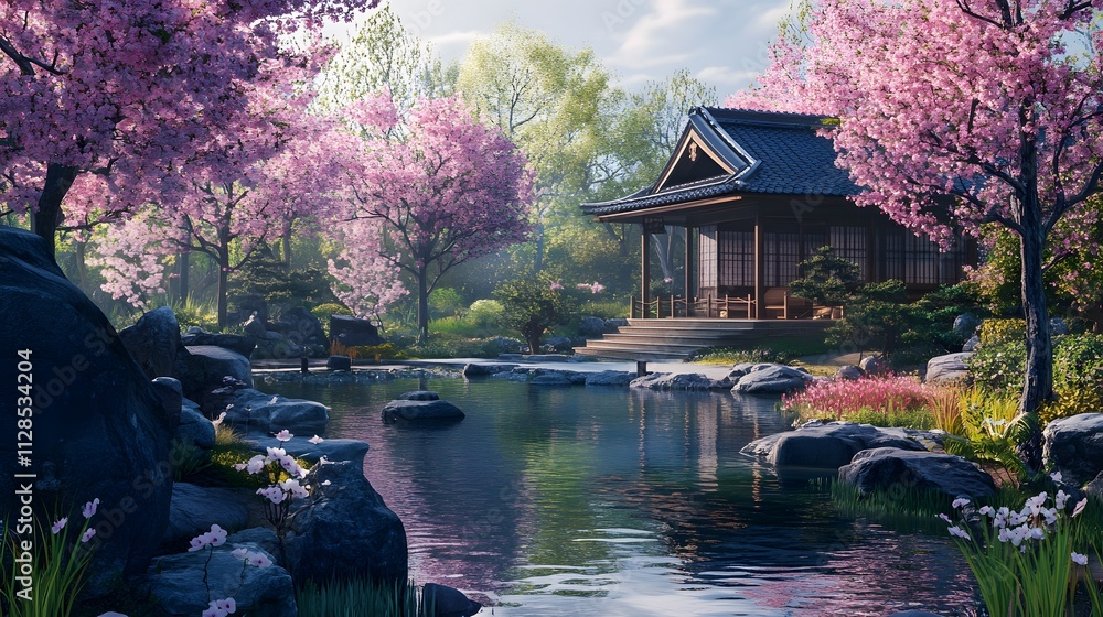 Fototapeta premium A_tranquil_Japanese_garden_in_spring_cherry_blossoms