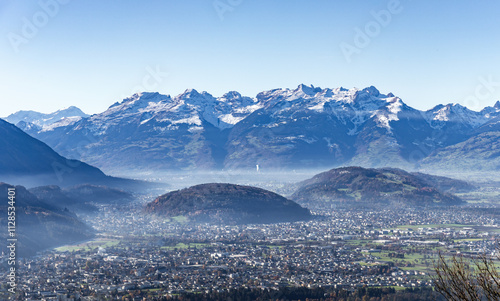 View from the Victor Mountain in Liechtenstein over the Rhine valley and the surrounding mountains