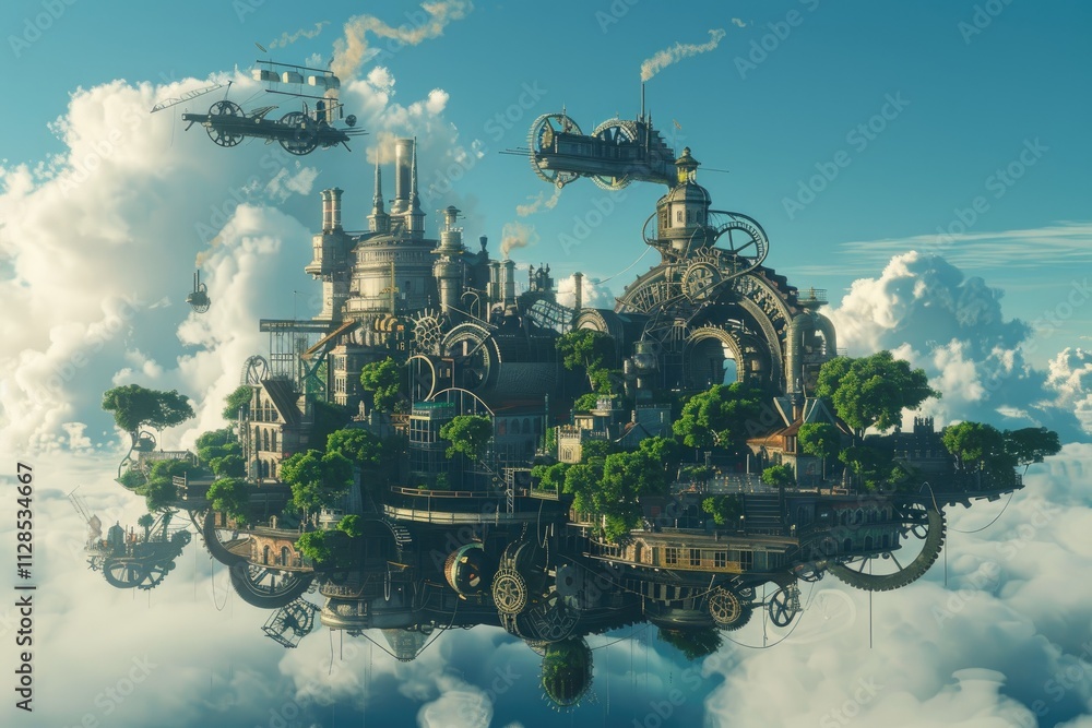 A steampunk city floats among the clouds above A steampunk city floats among the clouds above