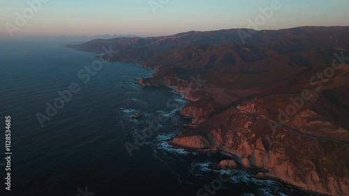 Big Sur California Bixby Big Creek Pfeiffer Bridge Canyon Pacific Ocean aerial drone sunset scenic flight Santa Lucia Mountains rugged coastline Silcone Valley Apple Computer screensaver static shot