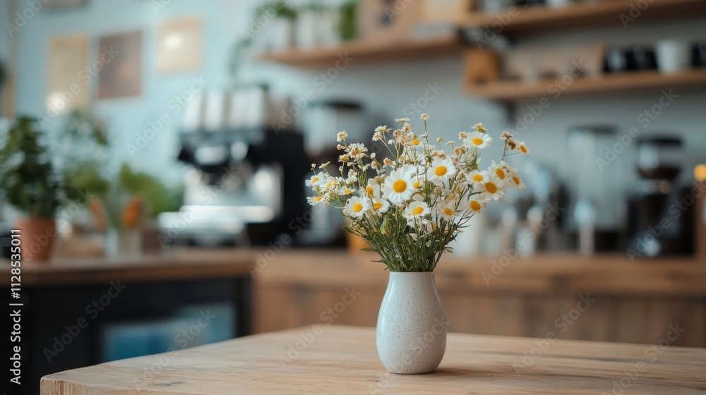 Daisies in a Vase on a Wooden Table in a Cafe Daisies in a Vase on a Wooden Table in a Cafe