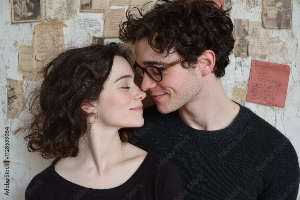couple sharing quiet moment, smiling close together, with vintage notes in background couple sharing quiet moment, smiling close together, with vintage notes in background
