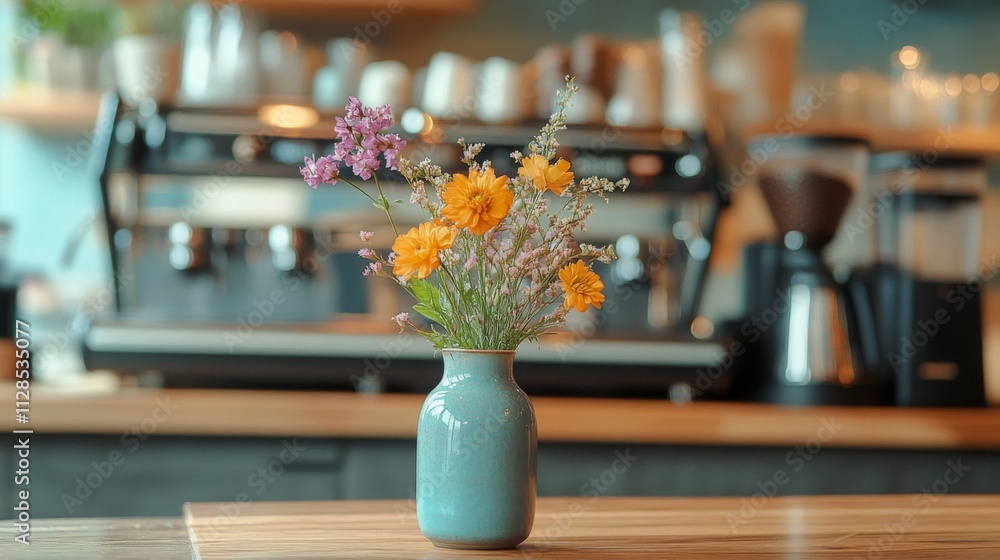 Flowers in Teal Vase Coffee Shop Setting Flowers in Teal Vase Coffee Shop Setting