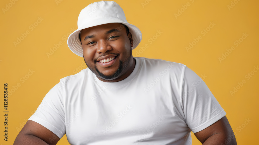 Plus size young black man wearing white t-shirt and white bucket hat isolated on yellow background Plus size young black man wearing white t-shirt and white bucket hat isolated on yellow background