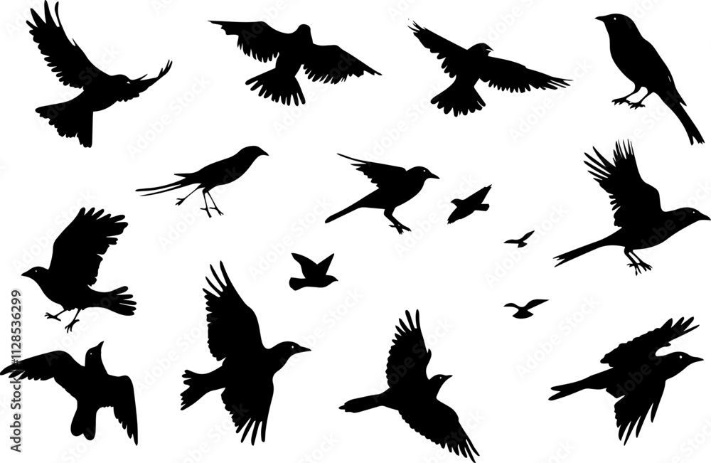 Naklejka premium Assortment of black bird silhouettes in various flying poses, signaling concepts of freedom, danger, and risk.