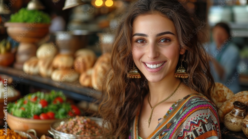 Smiling Woman at Middle Eastern Food Market Delicious Cuisine Falafel Hummus Shawarma Smiling Woman at Middle Eastern Food Market Delicious Cuisine Falafel Hummus Shawarma