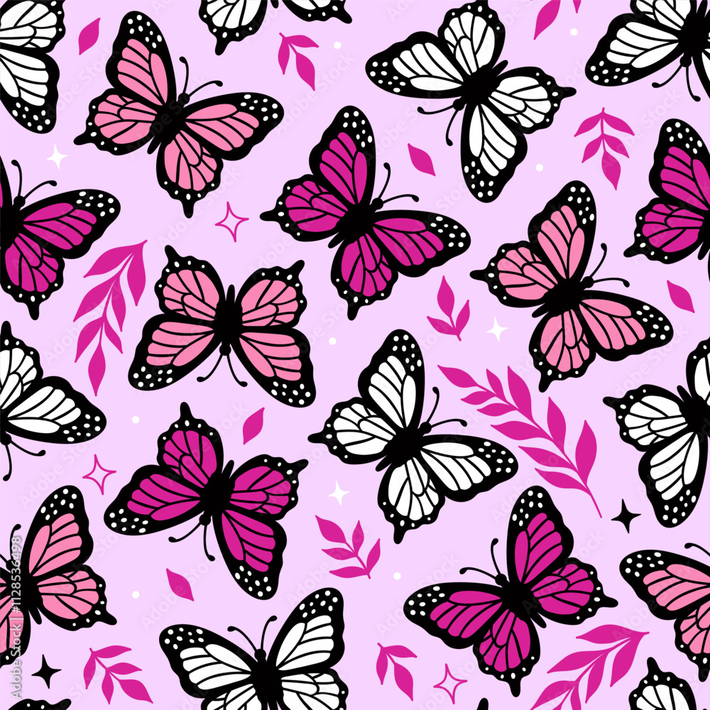 Fototapeta premium Seamless pattern with pink and white butterflies. Vector graphics.