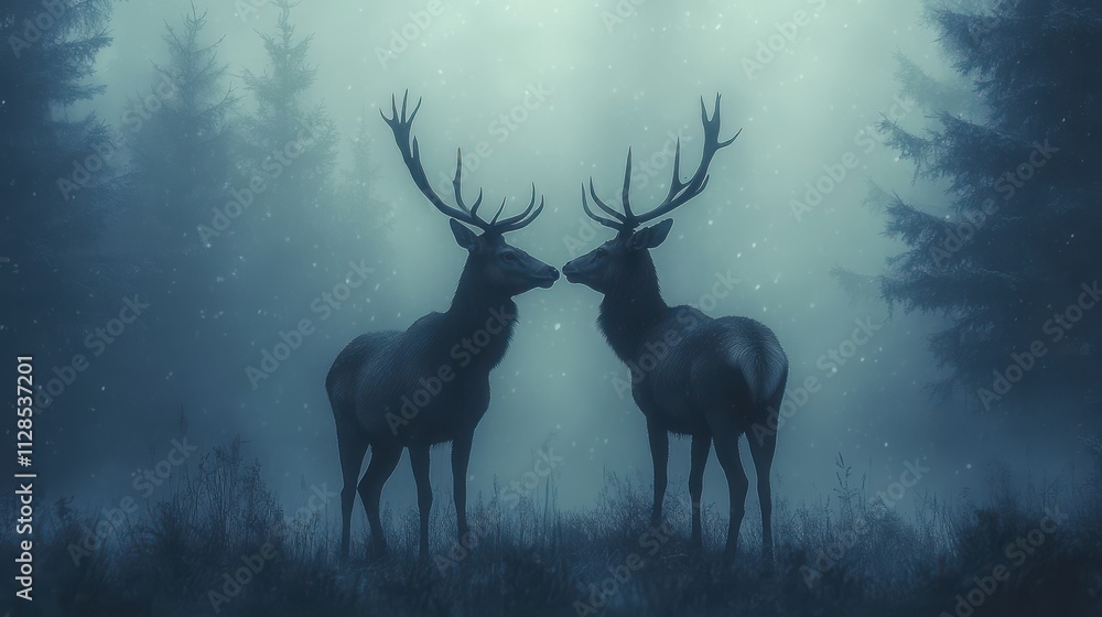 silhouette of two deers in misty forest rendering silhouette of two deers in misty forest rendering