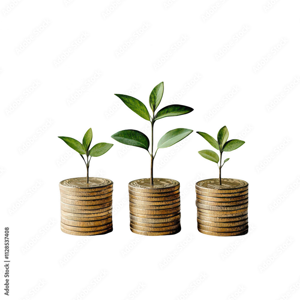 Coins and a growing plant, three columns with a gold coin isolated on transparent background, Concept for business growth or financial success Coins and a growing plant, three columns with a gold coin isolated on transparent background, Concept for business growth or financial success