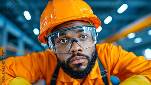 A focused worker in safety gear looks directly at the camera, showcasing his professionalism in an industrial setting. photo