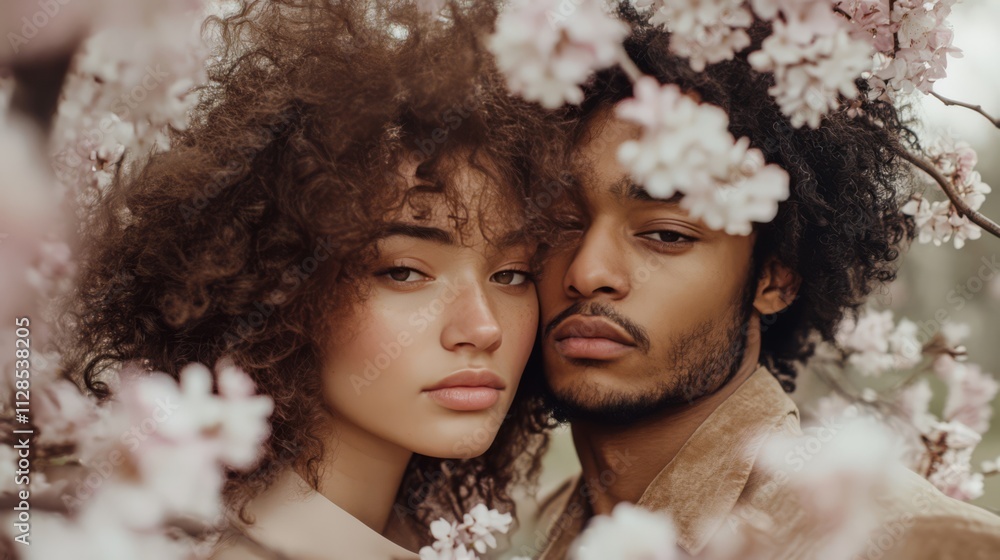Close-up portrait of a young couple amidst blossoming cherry trees. Close-up portrait of a young couple amidst blossoming cherry trees.