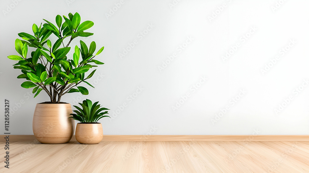Lush green plants in elegant pots placed on a wooden floor against a minimalist white wall, creating a fresh and inviting atmosphere. Lush green plants in elegant pots placed on a wooden floor against a minimalist white wall, creating a fresh and inviting atmosphere.