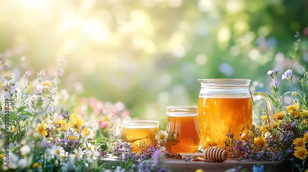 A herbal tea selection for spring, surrounded by wildflowers, fresh herbs, and honey jars, on a garden table with a soft-focus floral meadow in the background, bright and airy ambiance, hd quality. A herbal tea selection for spring, surrounded by wildflowers, fresh herbs, and honey jars, on a garden table with a soft-focus floral meadow in the background, bright and airy ambiance, hd quality.