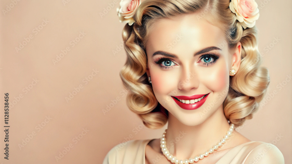 Fototapeta premium Retro portrait of smiling glamorous woman with blonde curls on pastel background
