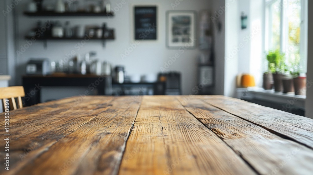 Rustic Wooden Table In A Cozy Kitchen Setting