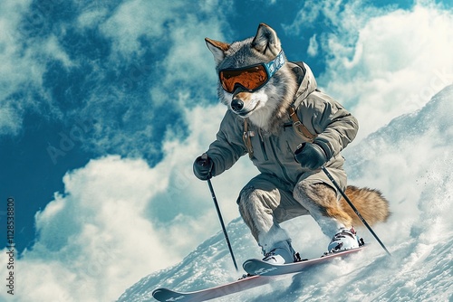 a wolf in a ski suit and goggles going down the mountain. on a full-color background. 