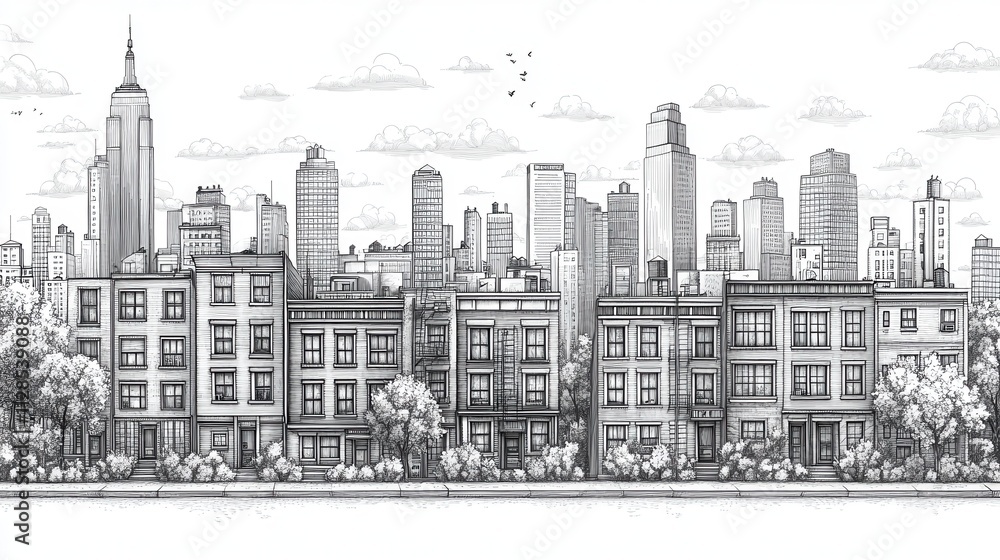 Fototapeta premium skyline of a city rendered in line art a landscape featuring row homes for a post office bakery supermarket and cafe horizontal street panorama illustratio