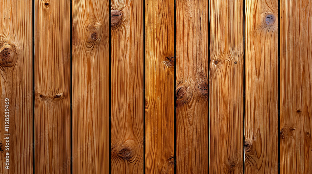 Naklejka premium Wooden planks featuring a warm, natural finish with visible knots and grain patterns, ideal for backgrounds and rustic decor.