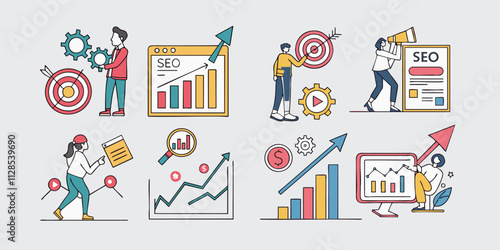 Business Marketing illustrations.set. Collection of scenes featuring men and women involved in business activities.