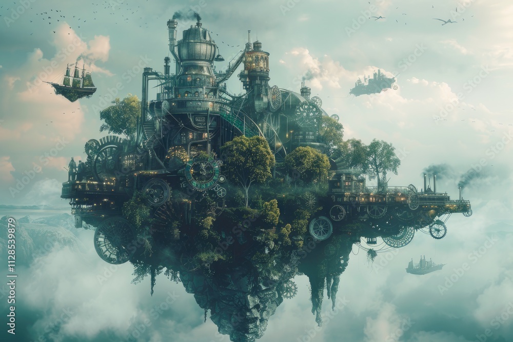 A steampunk island floats among the clouds with airships A steampunk island floats among the clouds with airships
