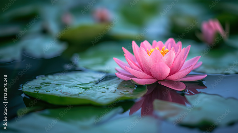 Elegant Pink Lotus Flower on Water with Green Leaf in Summer Pond