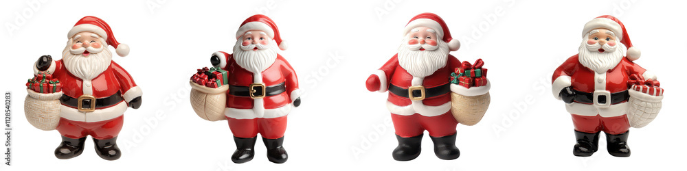 Collection of Jolly Santa Claus Figurines Wearing Traditional Red Costume with Bag of Gifts Christmas holiday character vintage style collectible Winter season merry concept Collection of Jolly Santa Claus Figurines Wearing Traditional Red Costume with Bag of Gifts Christmas holiday character vintage style collectible Winter season merry concept