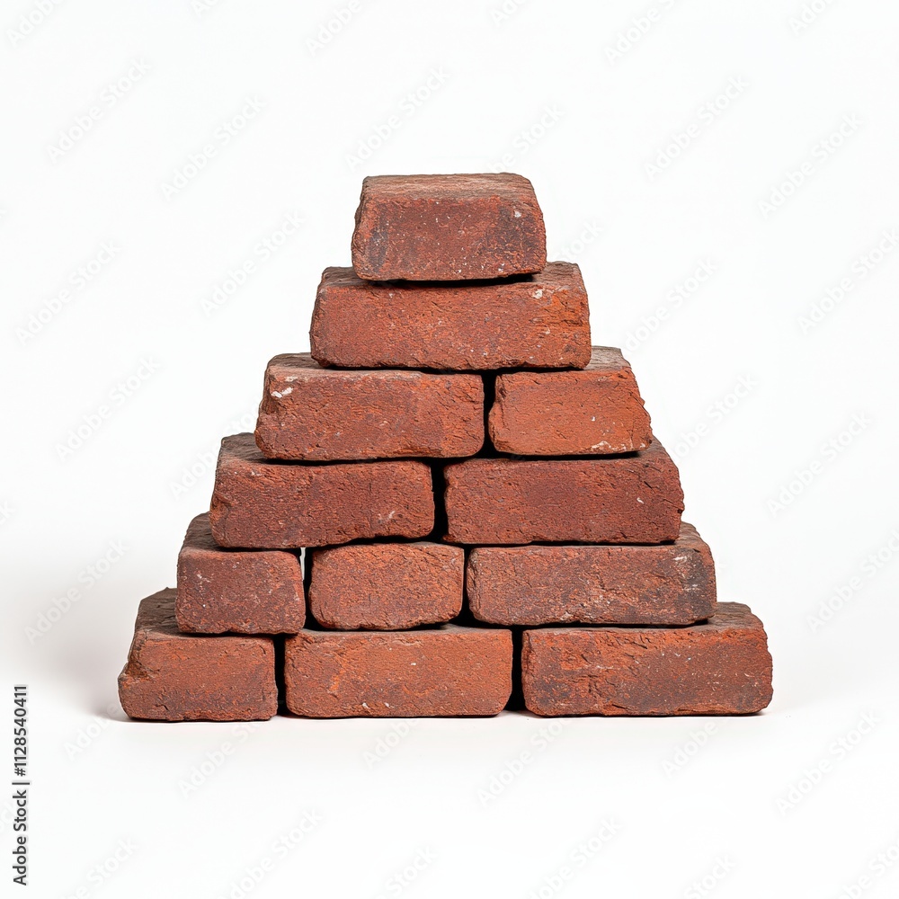 A stack of red bricks arranged in a pyramid shape, isolated against a white background, This image is ideal for construction, architecture, or DIY project themes, A stack of red bricks arranged in a pyramid shape, isolated against a white background, This image is ideal for construction, architecture, or DIY project themes,