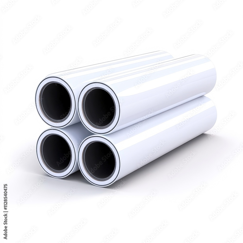 A clean and modern arrangement of four white cylindrical tubes on a bright background, ideal for showcasing packaging, shipping materials, or industrial supplies in marketing and creative projects, A clean and modern arrangement of four white cylindrical tubes on a bright background, ideal for showcasing packaging, shipping materials, or industrial supplies in marketing and creative projects,