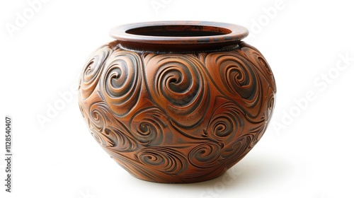 A stunning hand-glazed stoneware pot with a intricate, swirling pattern, isolated on a white background 