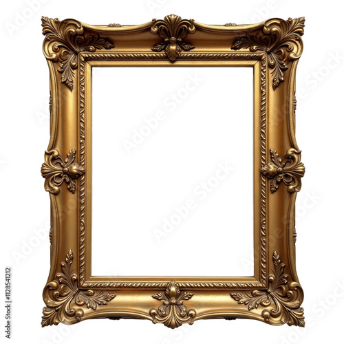 A goldframed empty picture frame with intricate detailing on the corners and sides photo