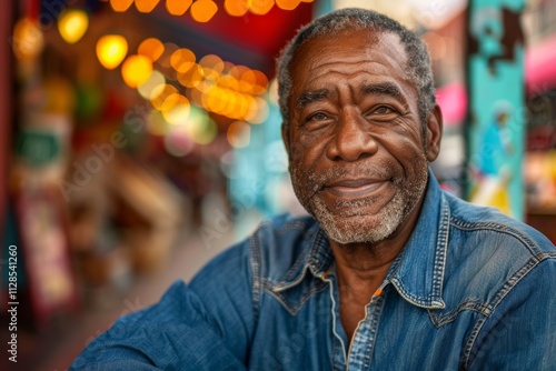 Portrait of a satisfied afro-american man in his 60s sporting a versatile denim shirt isolated on vibrant market street background