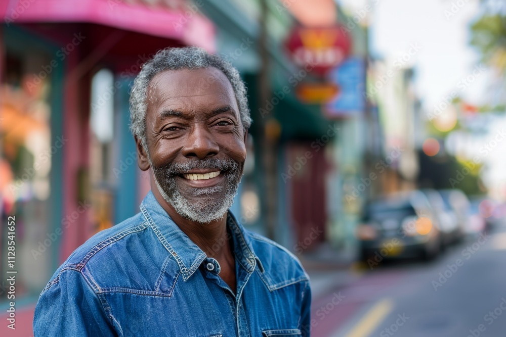 Portrait of a satisfied afro-american man in his 60s sporting a versatile denim shirt on vibrant market street background Portrait of a satisfied afro-american man in his 60s sporting a versatile denim shirt on vibrant market street background