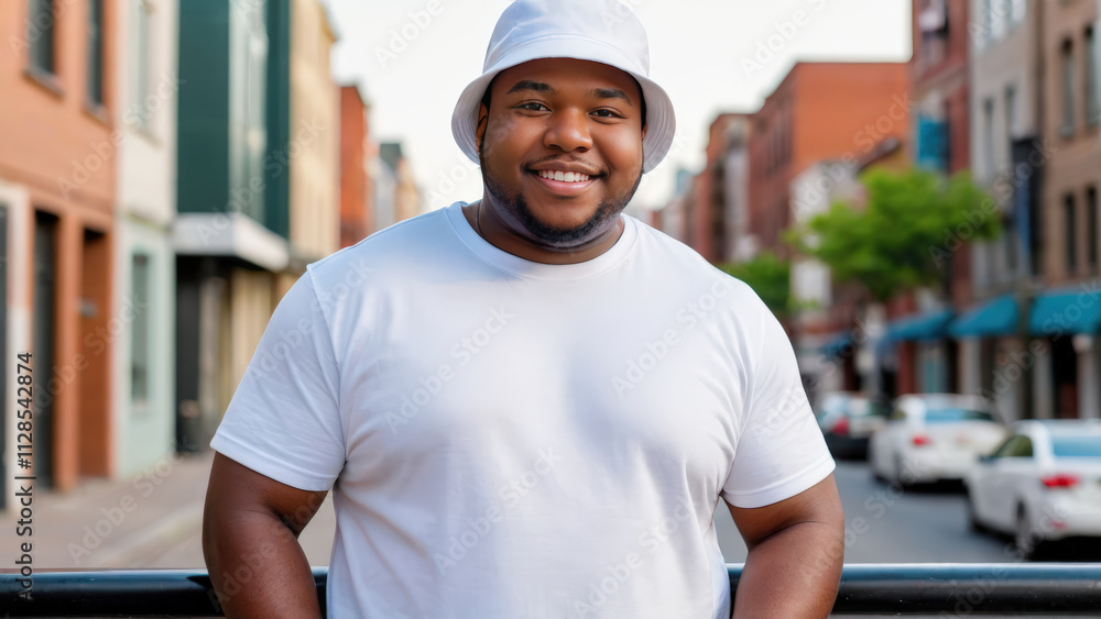 Plus size young black man wearing white t-shirt and white bucket hat standing on cityscape background Plus size young black man wearing white t-shirt and white bucket hat standing on cityscape background