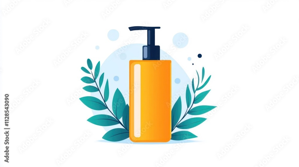 Bright Yellow Pump Bottle Surrounded by Green Leaves and Bubbles Bright Yellow Pump Bottle Surrounded by Green Leaves and Bubbles