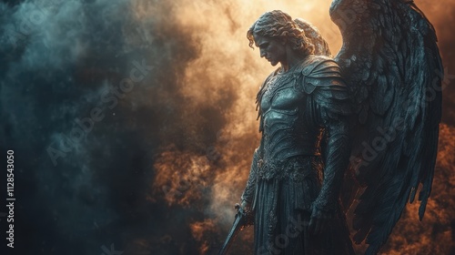 statue of archangel michael with a sword on a dark background