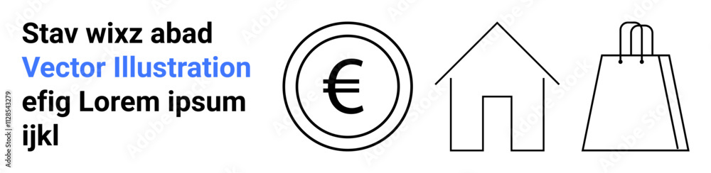 Euro currency symbol inside a circle, simple house outline, and shopping bag icon next to placeholder text. Ideal for finance, real estate, e-commerce, shopping, web design, presentations landing Euro currency symbol inside a circle, simple house outline, and shopping bag icon next to placeholder text. Ideal for finance, real estate, e-commerce, shopping, web design, presentations landing