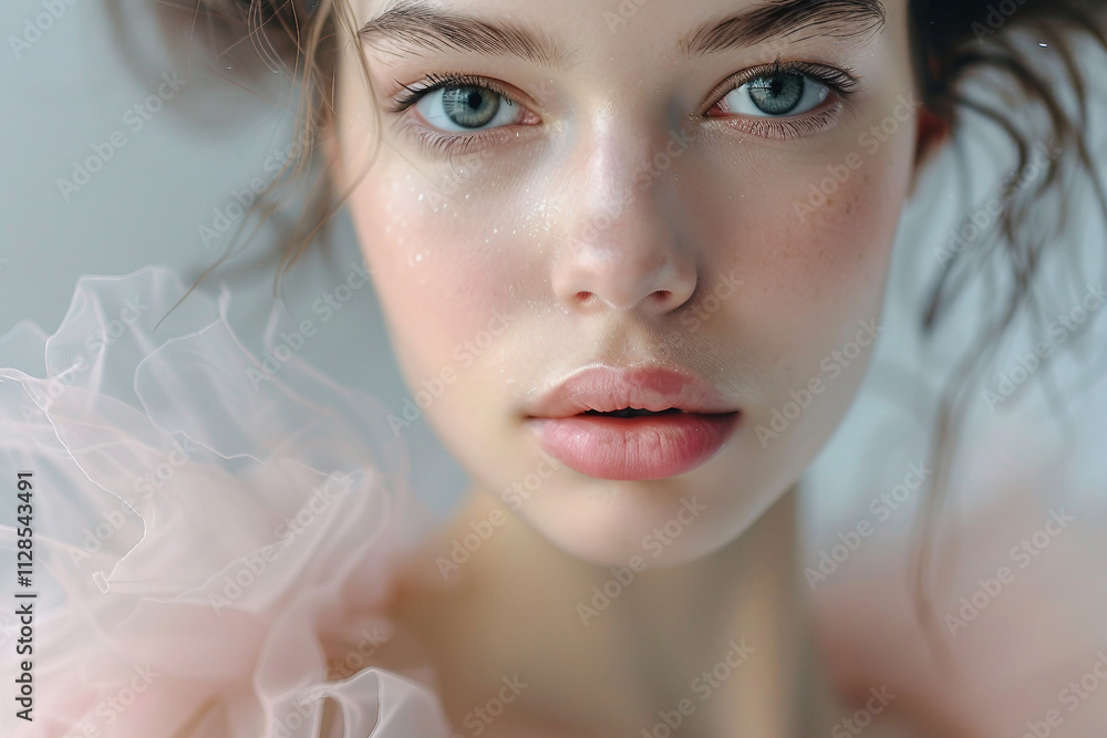 Generative AI Closeup of Young Ballerina in Pink Tulle with Captivating Blue Eyes Generative AI Closeup of Young Ballerina in Pink Tulle with Captivating Blue Eyes