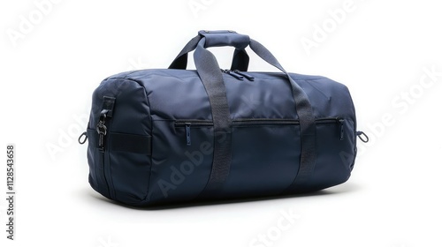 A sturdy, navy blue duffel bag with a classic, simple design, isolated on a white background, perfect for a sports enthusiast