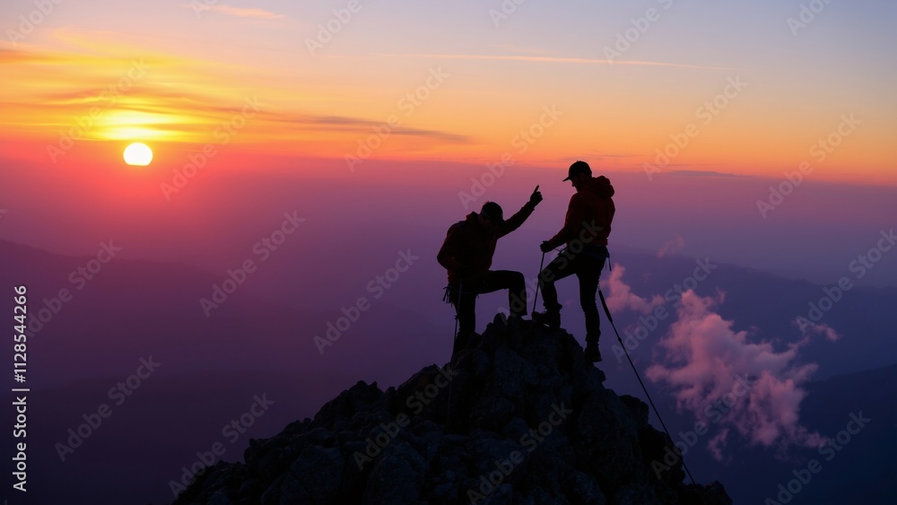 Fototapeta premium Silhouetted Climbers Celebrating at Sunset on Mountain Peak