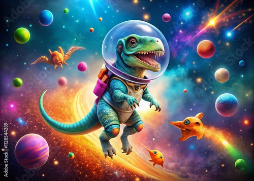 Wallpaper Mural Adorable Baby T-Rex in Spacesuit Floating Weightlessly Amongst Stars with Planet in the Background, Perfect for Children's Books and Futuristic Themes Torontodigital.ca