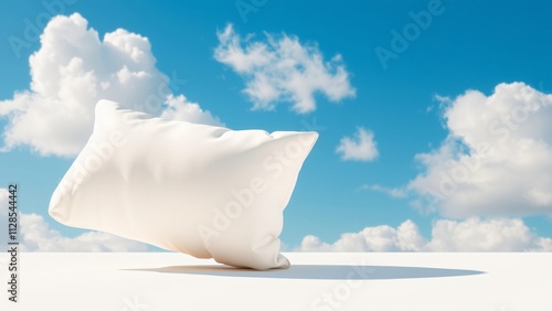 Serene White Pillow Floating Against a Bright Blue Sky with Fluffy Clouds