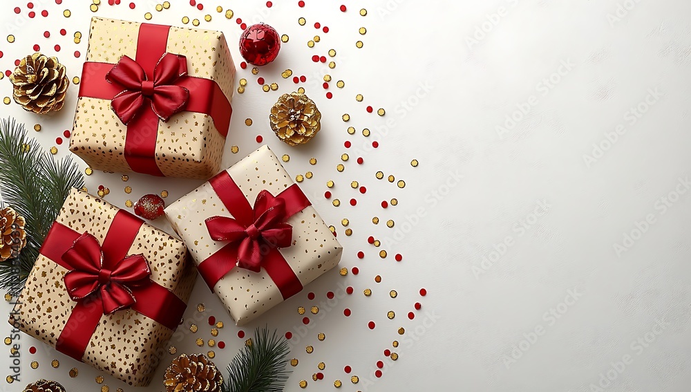 A Group of Wrapped Presents with Red Ribbons and Ornaments
A Group of Wrapped Presents with Red Ribbons and Ornaments