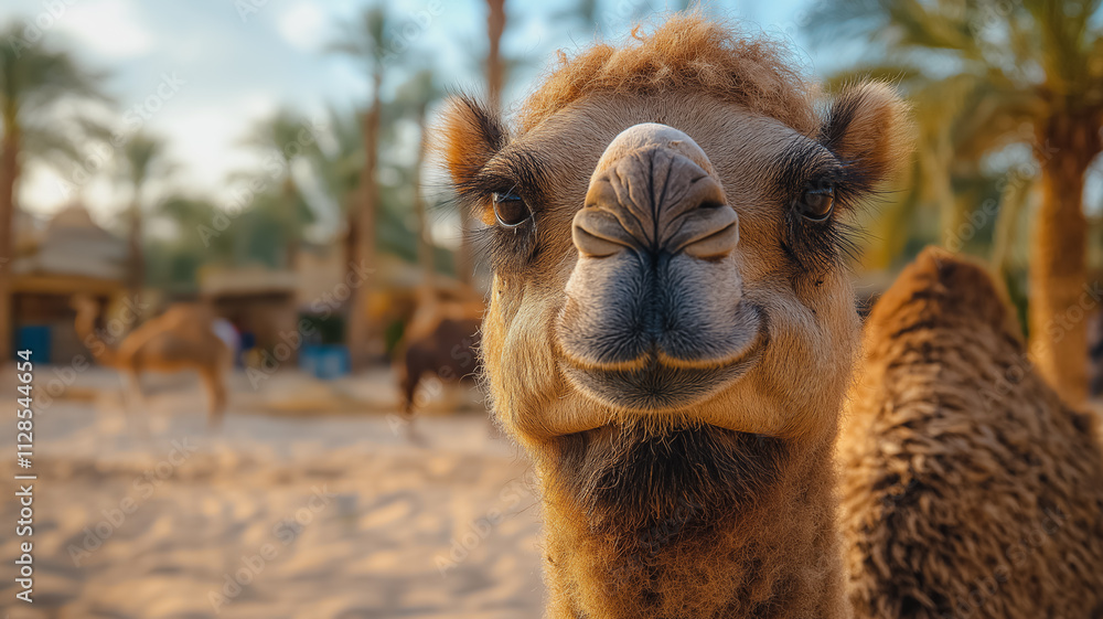 Obraz premium A camel is standing in the desert with its head turned to the side. The camel is smiling and he is happy