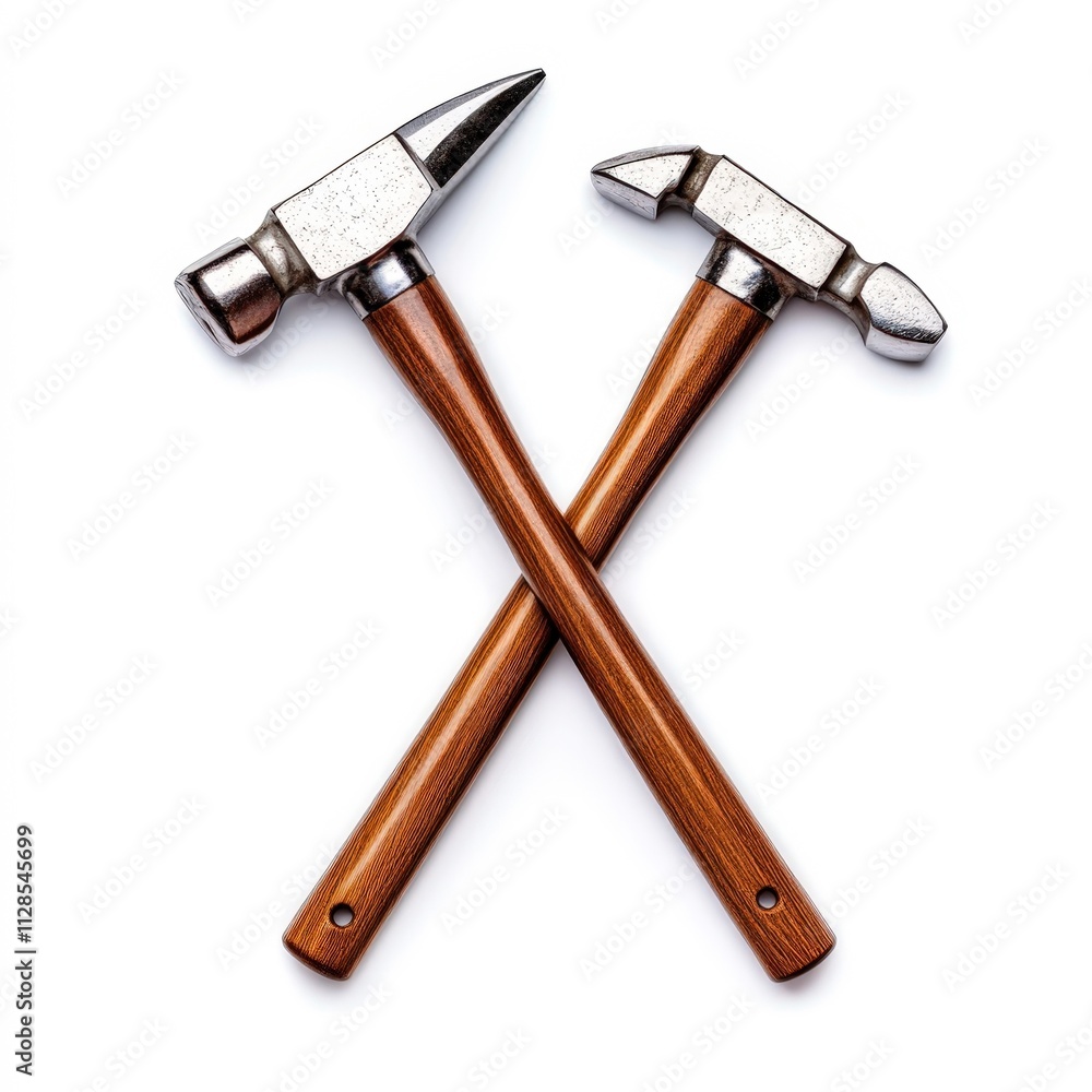 Two classic hammers crossed against a white background showcase craftsmanship and durability, ideal for DIY projects, construction articles, or home improvement promotions, Two classic hammers crossed against a white background showcase craftsmanship and durability, ideal for DIY projects, construction articles, or home improvement promotions,