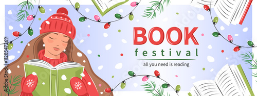Book festival horizontal banner for bookstore, bookshop or library. Girl reading a book under snowfall. Vector illustration for poster, cover, marketing, sale.
