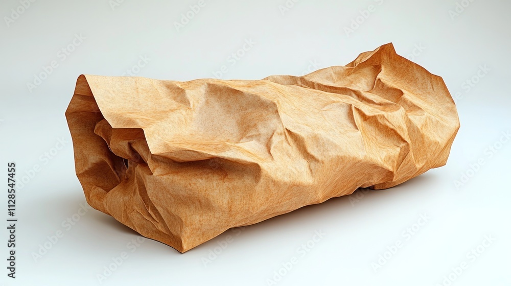 A crumpledpaper bag, showing natural creases and folds, lying on a minimalist white surface for an artistic touch A crumpledpaper bag, showing natural creases and folds, lying on a minimalist white surface for an artistic touch