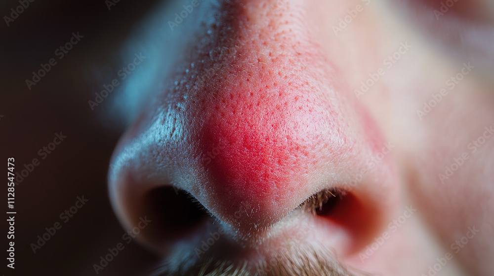 Fototapeta premium Close up of red irritated nose, emphasizing the discomfort and struggle of allergies or cold symptoms, highlighting the human vulnerability and resilience in the face of common ailments.