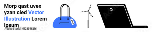 Laptop, wind turbine, and handbag with tag placed in a modern, minimalistic setup with placeholder text. Ideal for technology, renewable energy, retail, fashion, e-commerce design advertising
